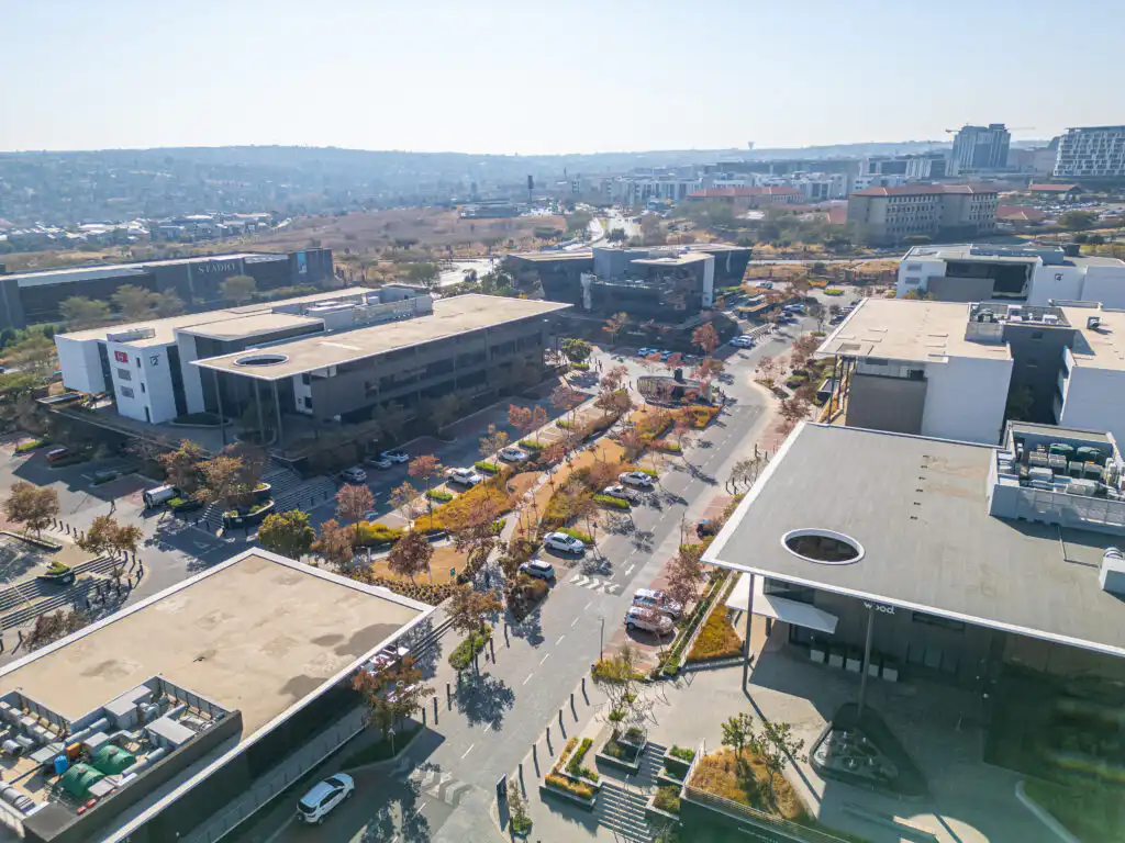 Aerial view of Waterfall City in Midrand showing the Mall of Africa and mixed-use commercial development